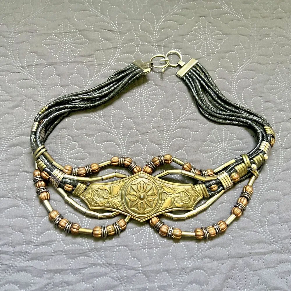 Vintage Boho Multi Strand Leather Belt Bronze Beaded Statement Festival Waist